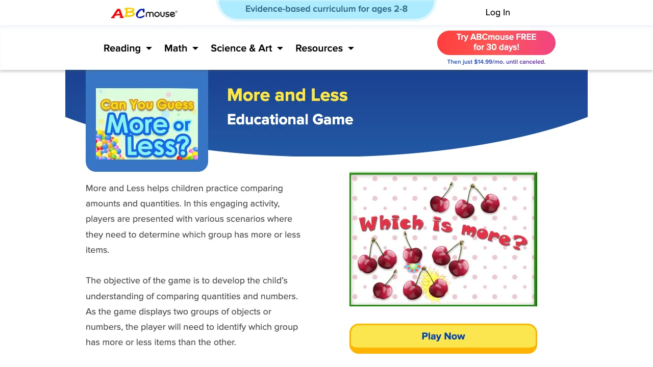 The ABCmouse More and Less game page describing the quantity comparison activity for young children