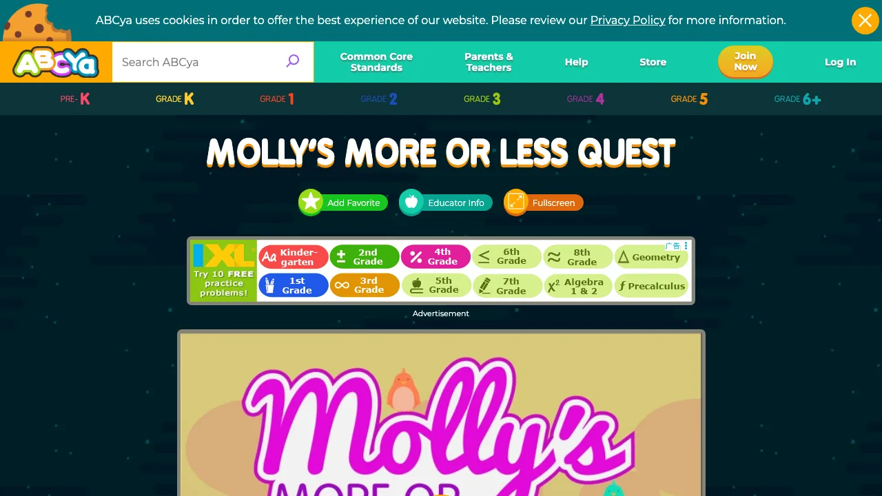 Molly's More or Less Quest on ABCya showing the grade selector and game description