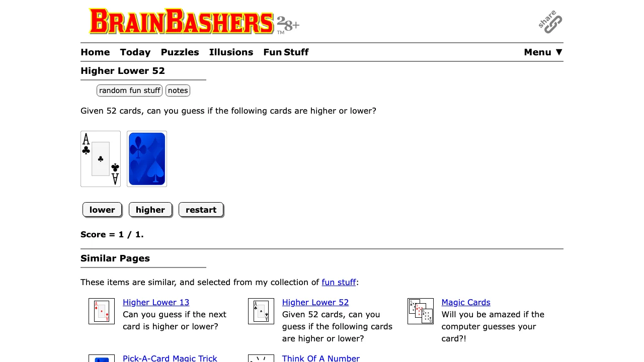 The BrainBashers Higher Lower 52 card game page showing the score and the card display