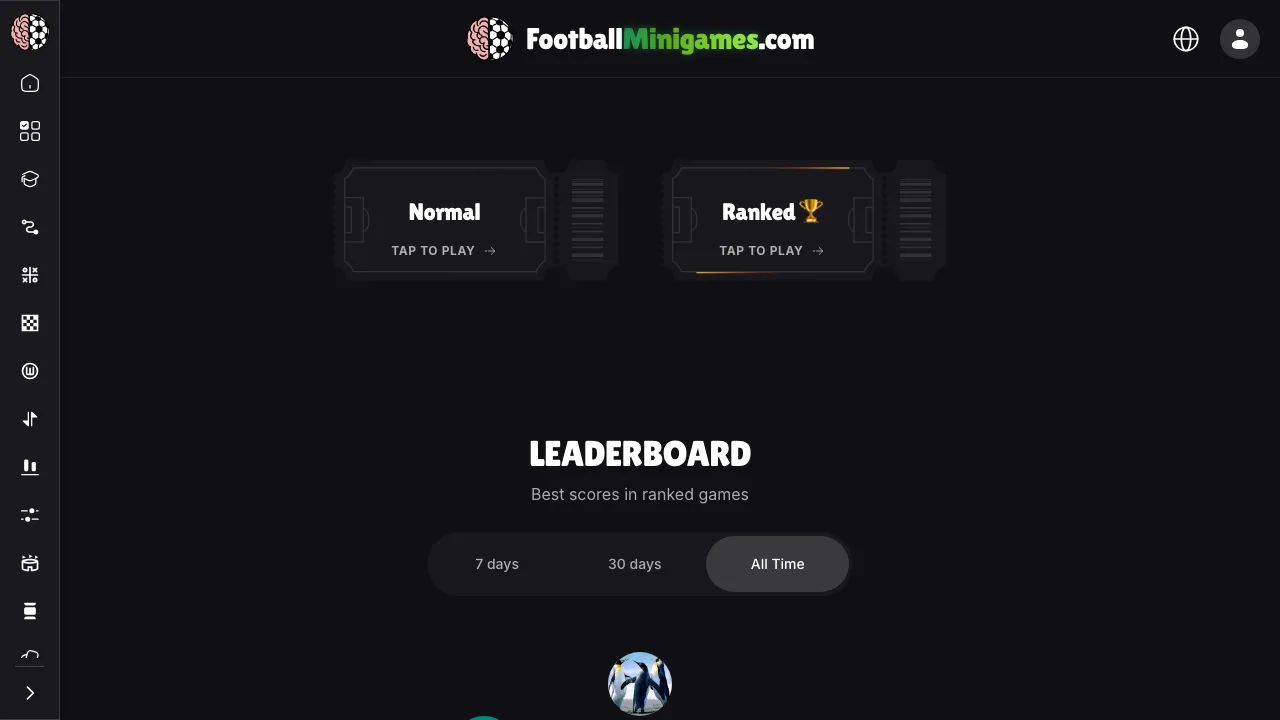 The FootballMinigames Higher Lower screen with normal and ranked modes and a leaderboard