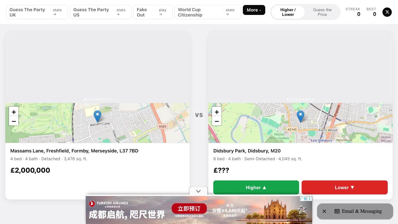 Guess the Gaff showing two UK property listings side by side with beds, baths and floor area