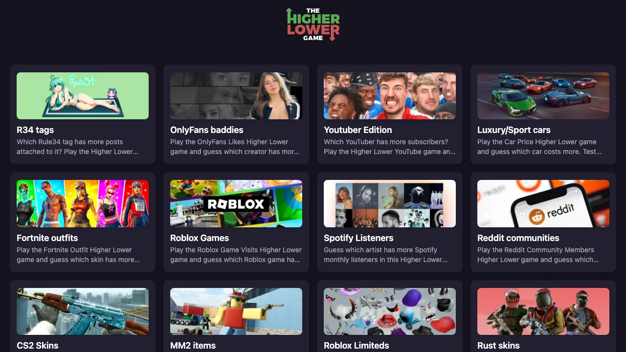 The HigherLower.net home page listing game modes including YouTuber and car price editions