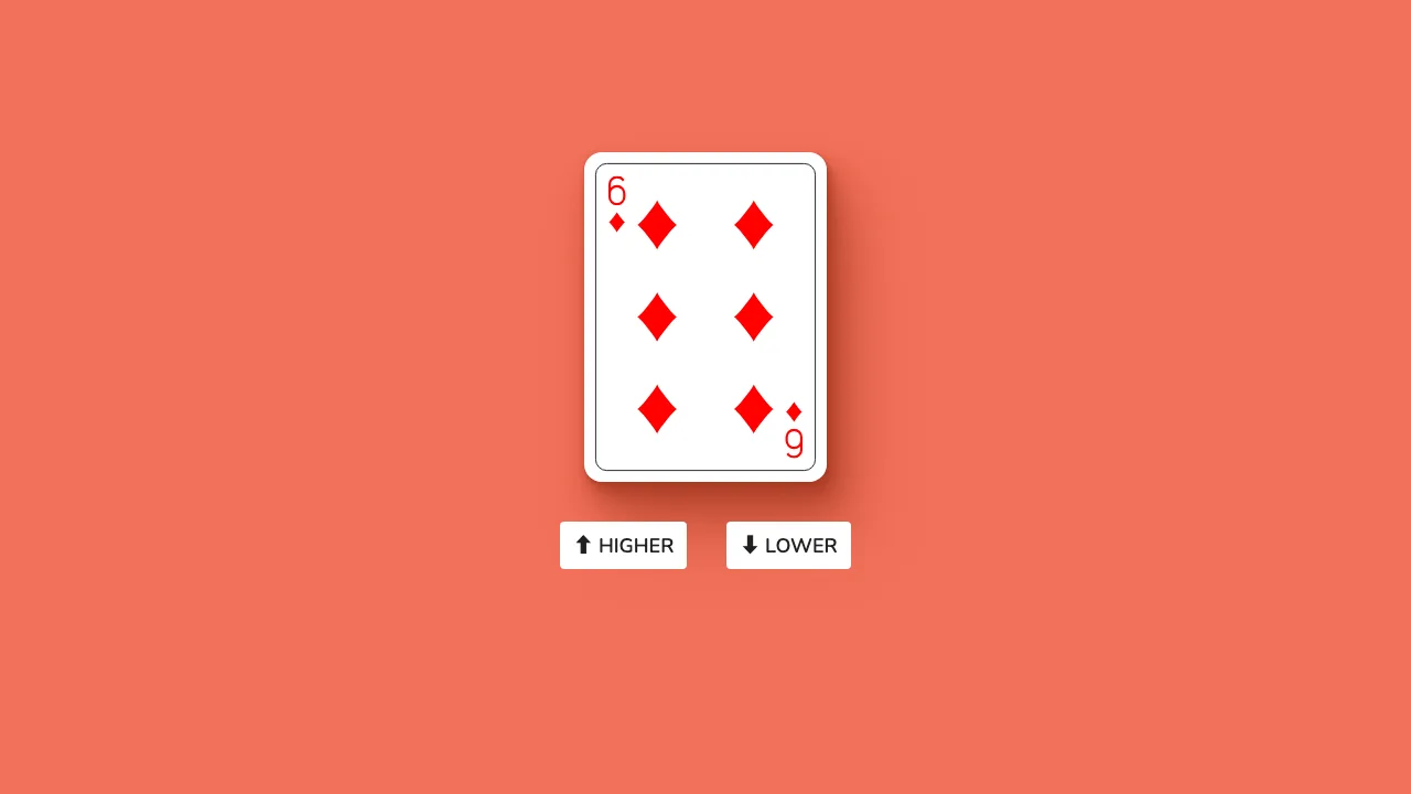 The HigherLowerCardGame.com page showing only the higher and lower buttons