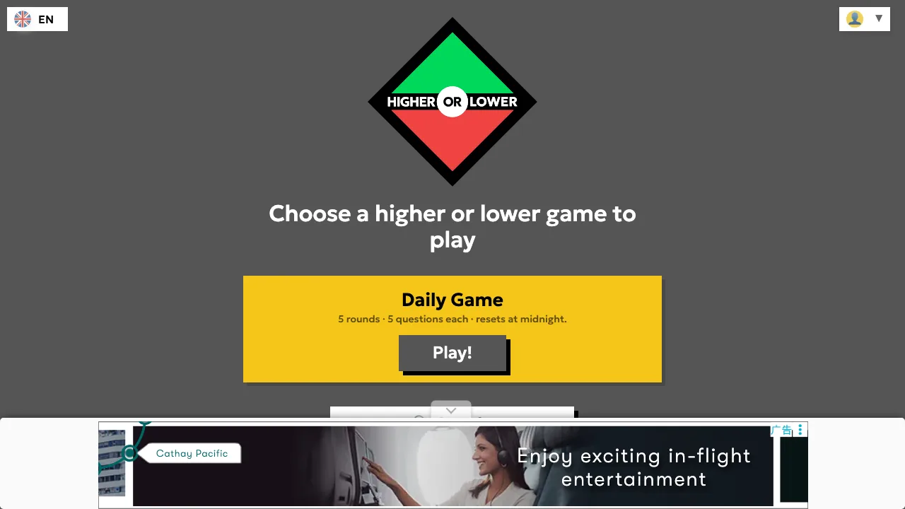 The HigherOrLowerGame.com home page showing a grid of game mode tiles including Google, Movies and TV, Spotify and Geography