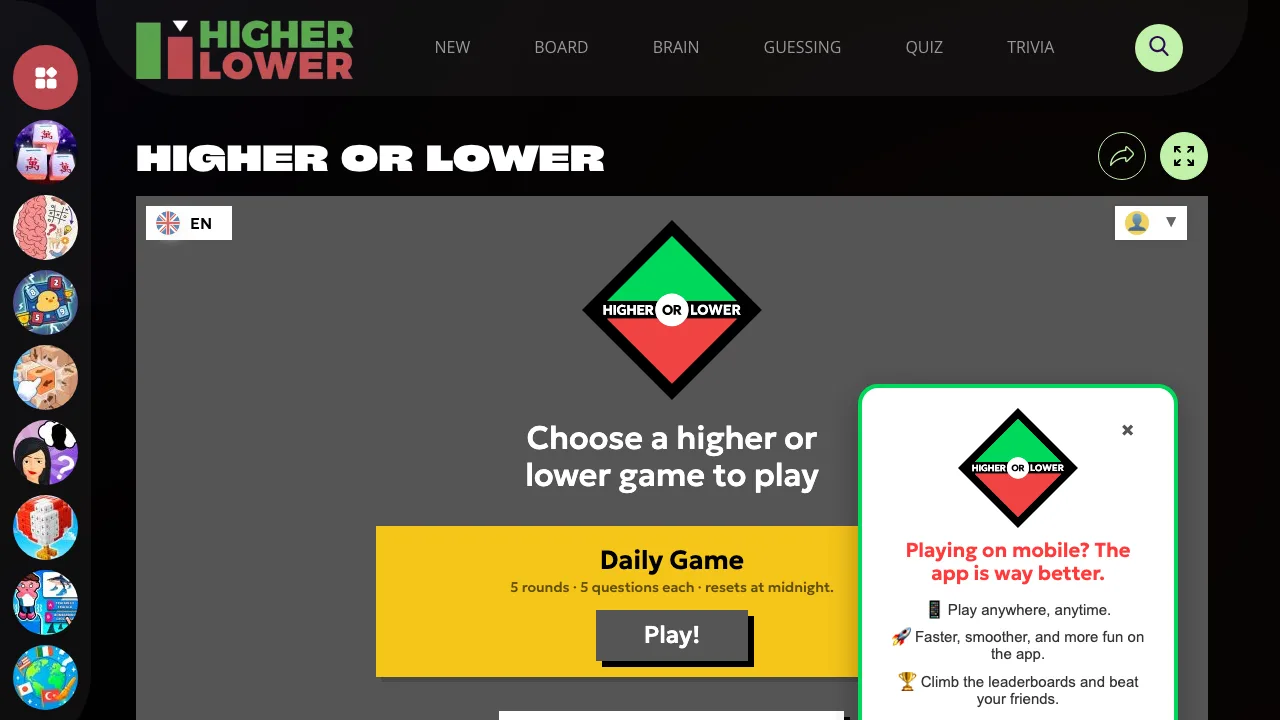 The HigherOrLowerGames.com home page showing category navigation and a grid of game tiles