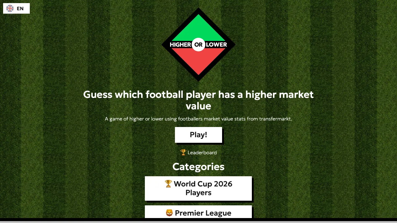 The football market value higher or lower mode showing World Cup and Premier League sub-categories