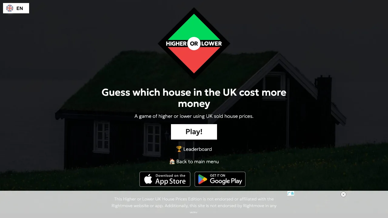 The UK House Prices higher or lower mode with its play button and leaderboard link
