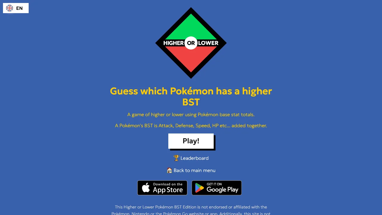 The Pokemon BST higher or lower mode explaining that BST is attack, defense, speed and HP added together