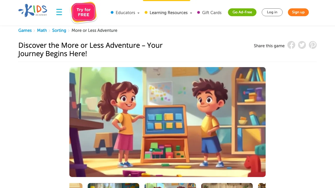 The Kids Academy More or Less Adventure page describing the comparison activity for ages four to seven