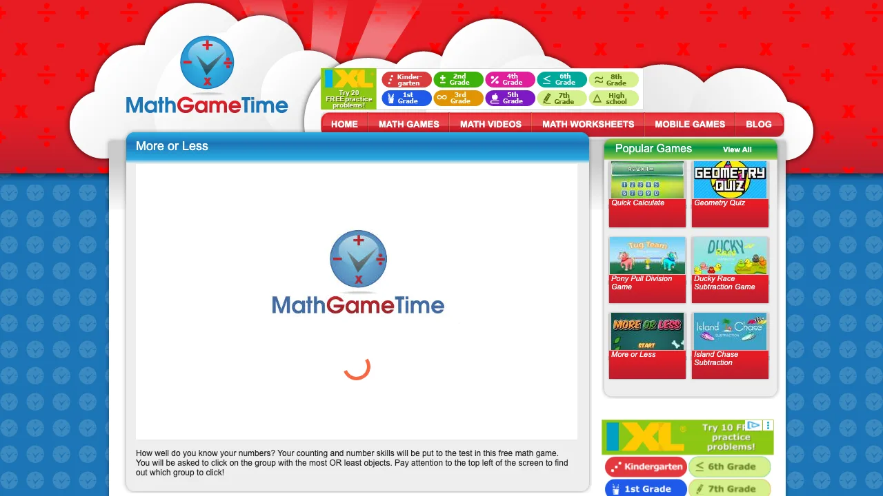 The Math Game Time More or Less page describing the counting game and its instructions