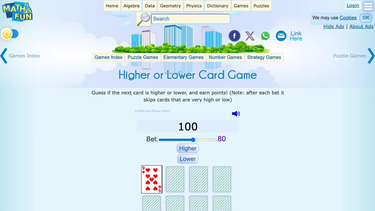 The Math is Fun higher or lower card game page with its betting explanation