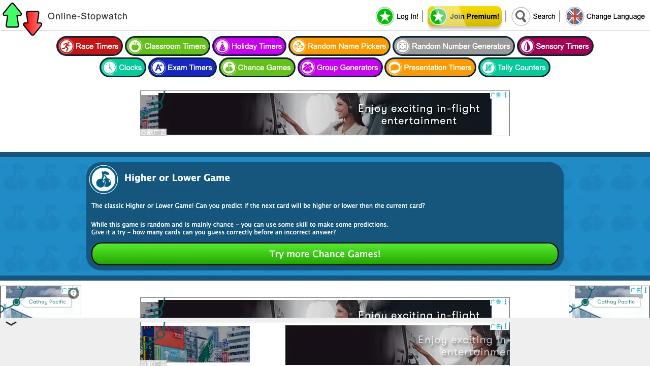 The Online Stopwatch higher or lower card game inside its classroom tools navigation