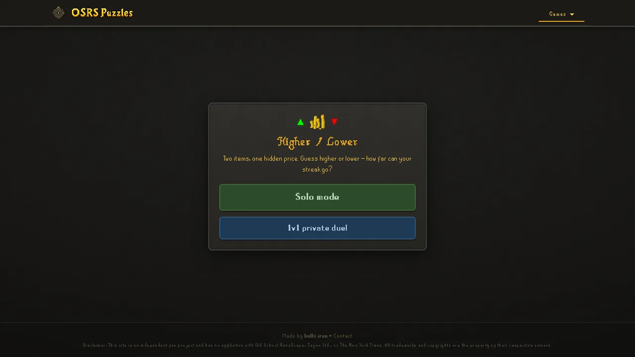 The OSRS Puzzles Higher / Lower landing screen offering solo mode and a 1v1 private duel