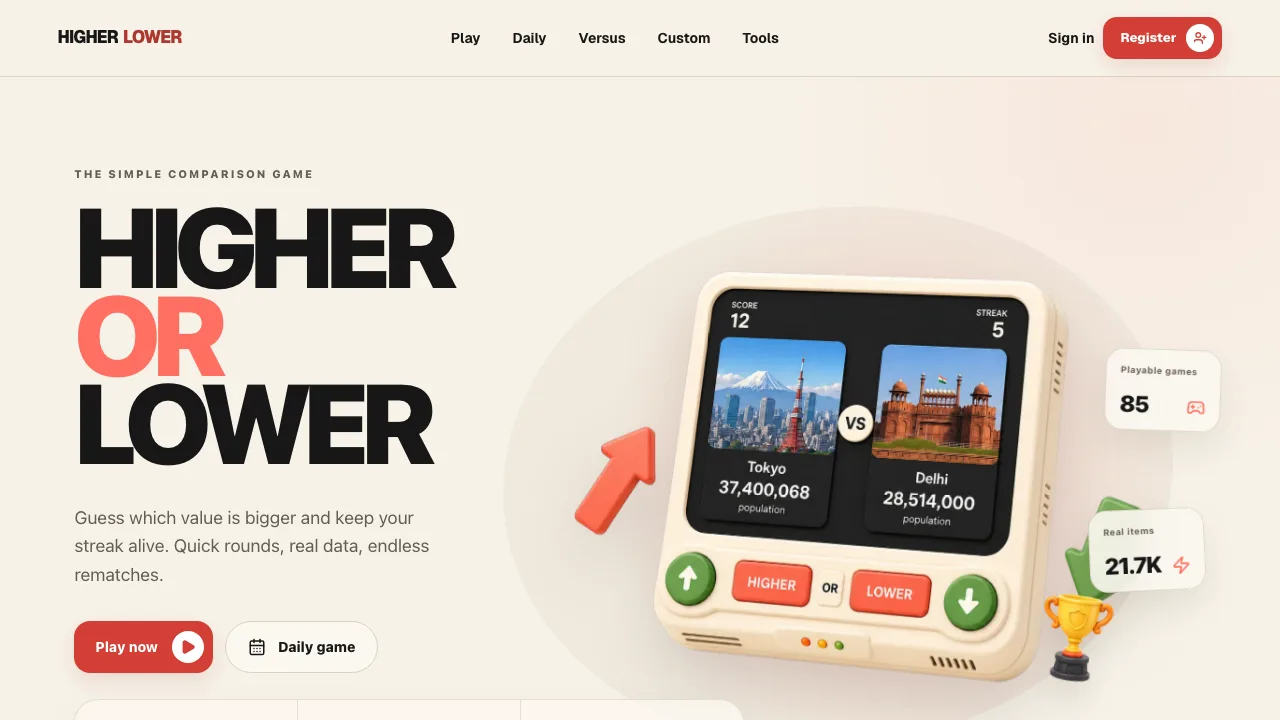 The PlayHigherLower home page with the words HIGHER and LOWER stacked above a play button and category tiles