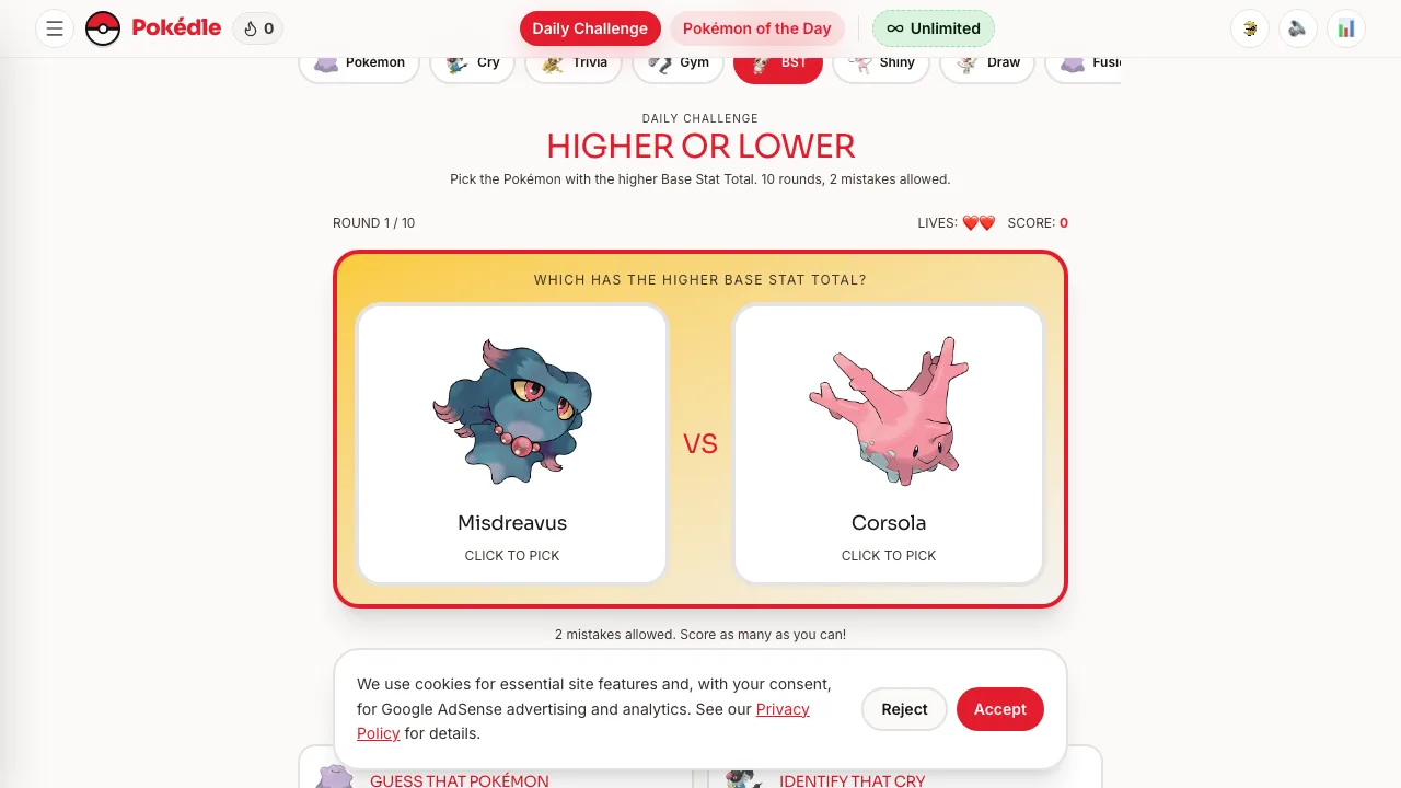 The Pokedle BST daily challenge showing round one of ten with two lives and a Misdreavus versus Corsola comparison