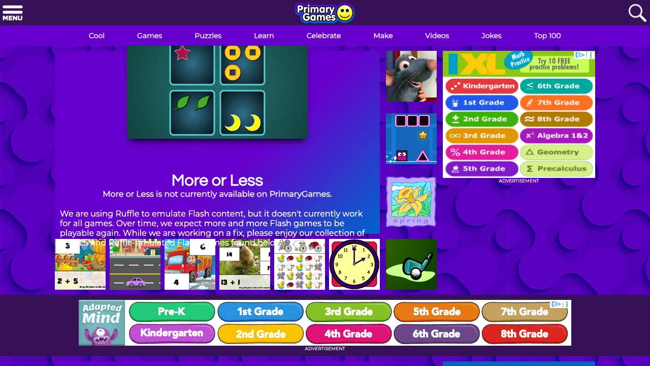The PrimaryGames More or Less page showing the notice that the game is not currently available