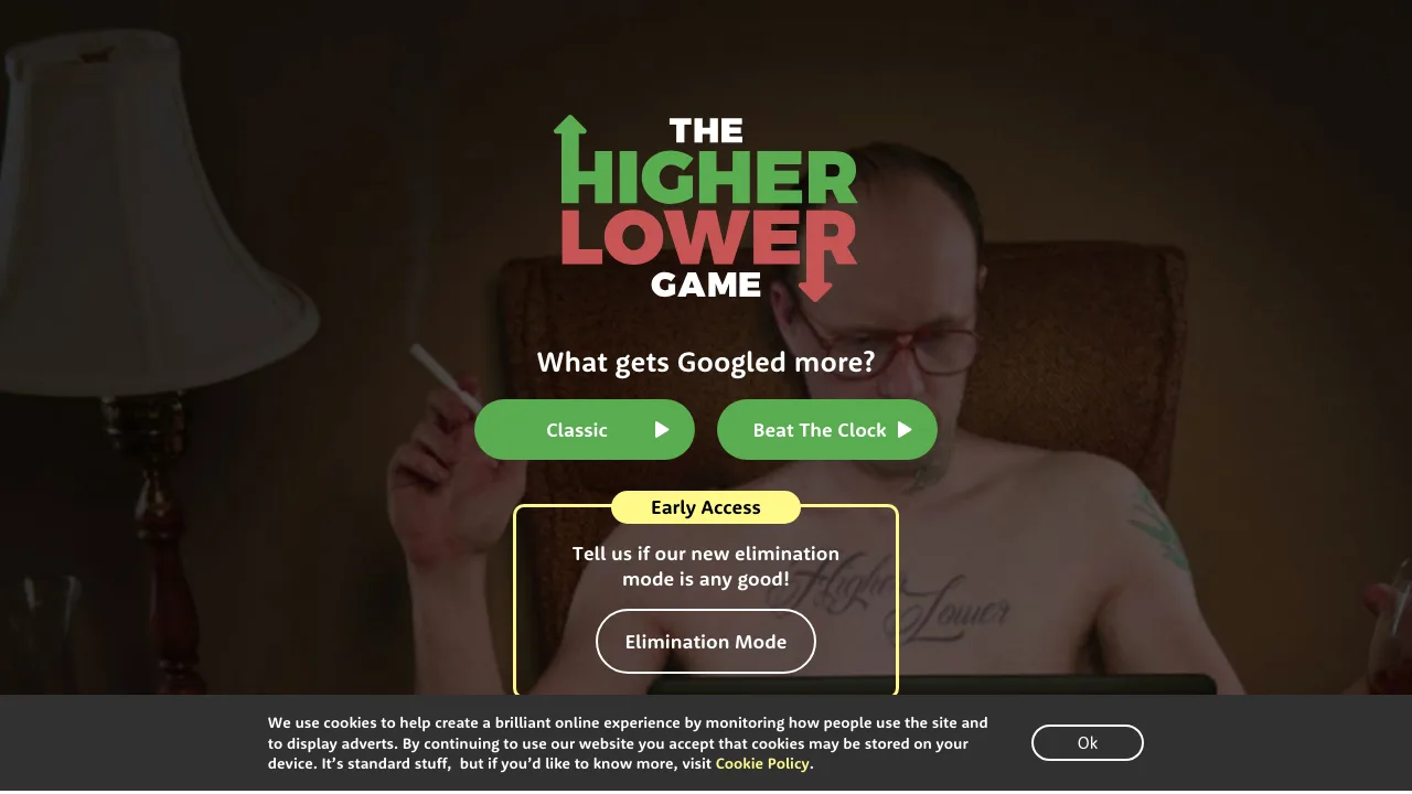 The Higher Lower Game home page asking what gets Googled more, with Classic and Beat The Clock mode buttons
