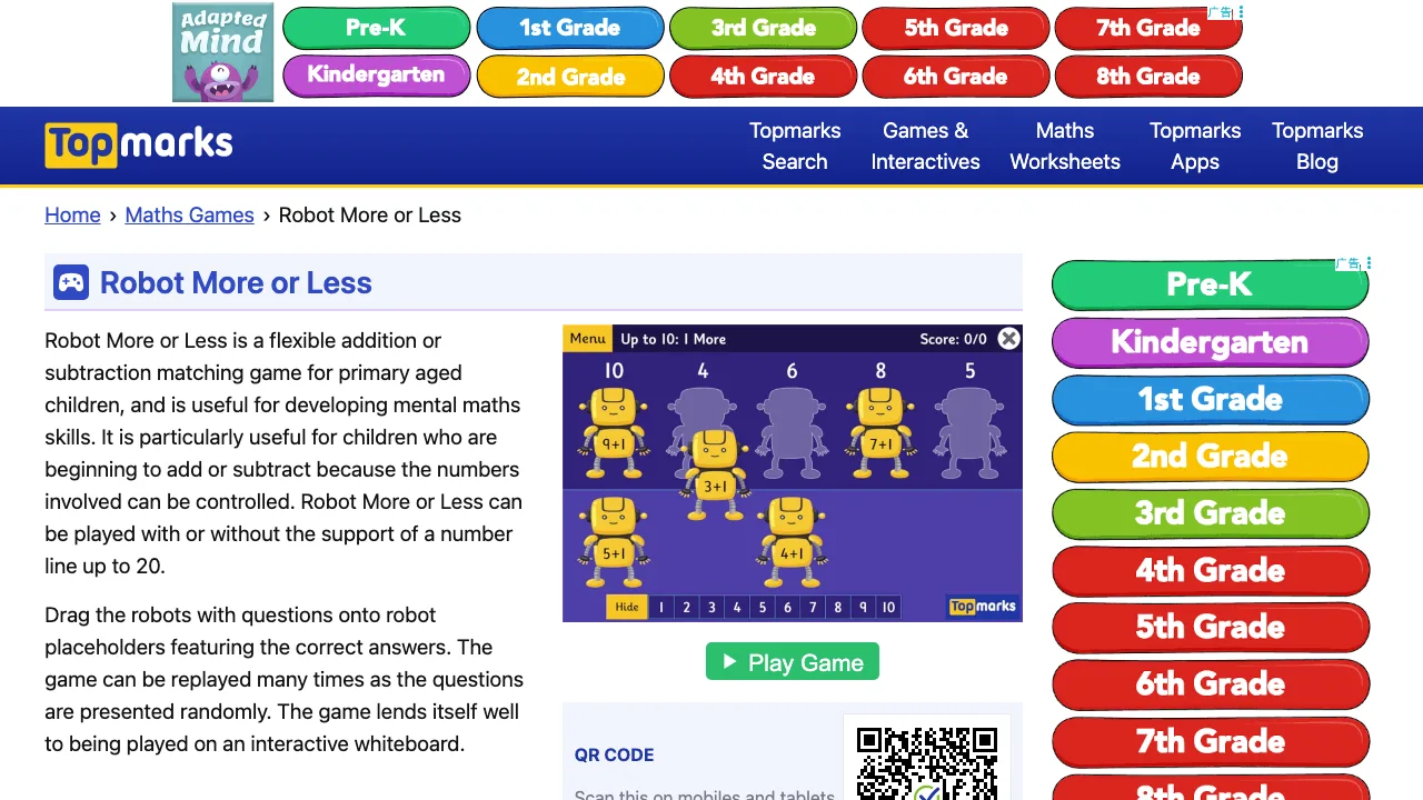 The Topmarks Robot More or Less game page with the play button and description of the matching activity