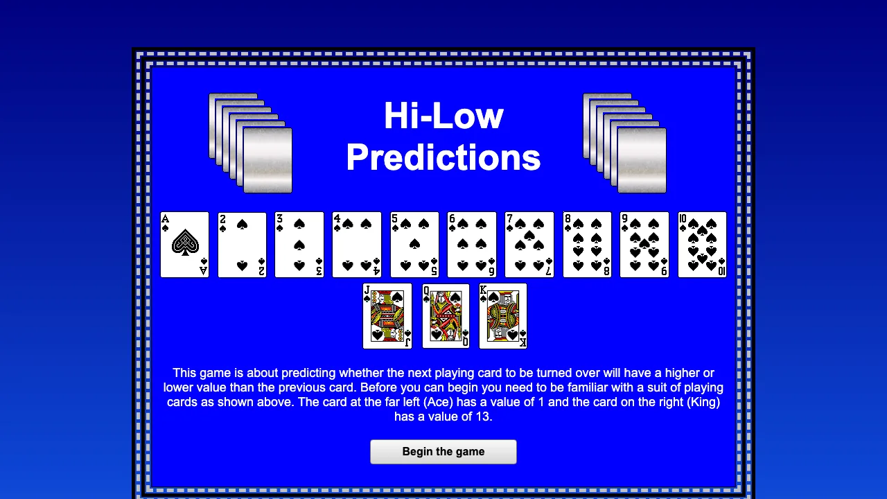 The Transum Hi-Low Predictions exercise showing the suit of playing cards and their values